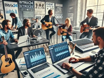 Музыкальная группа работает в современном офисе с использованием Bitrix24, обсуждая и сотрудничая, с инструментами и календарями на заднем плане.